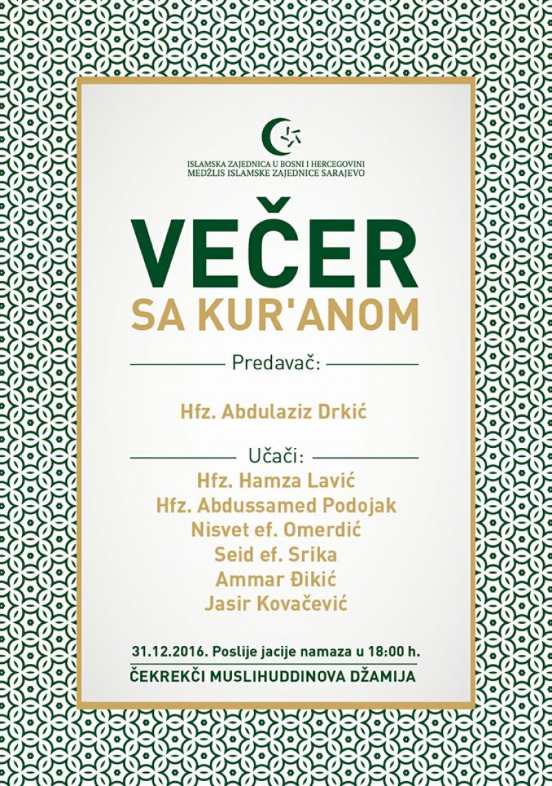 Medžlis Sarajevo večeras organizira Večer s Kur'anom