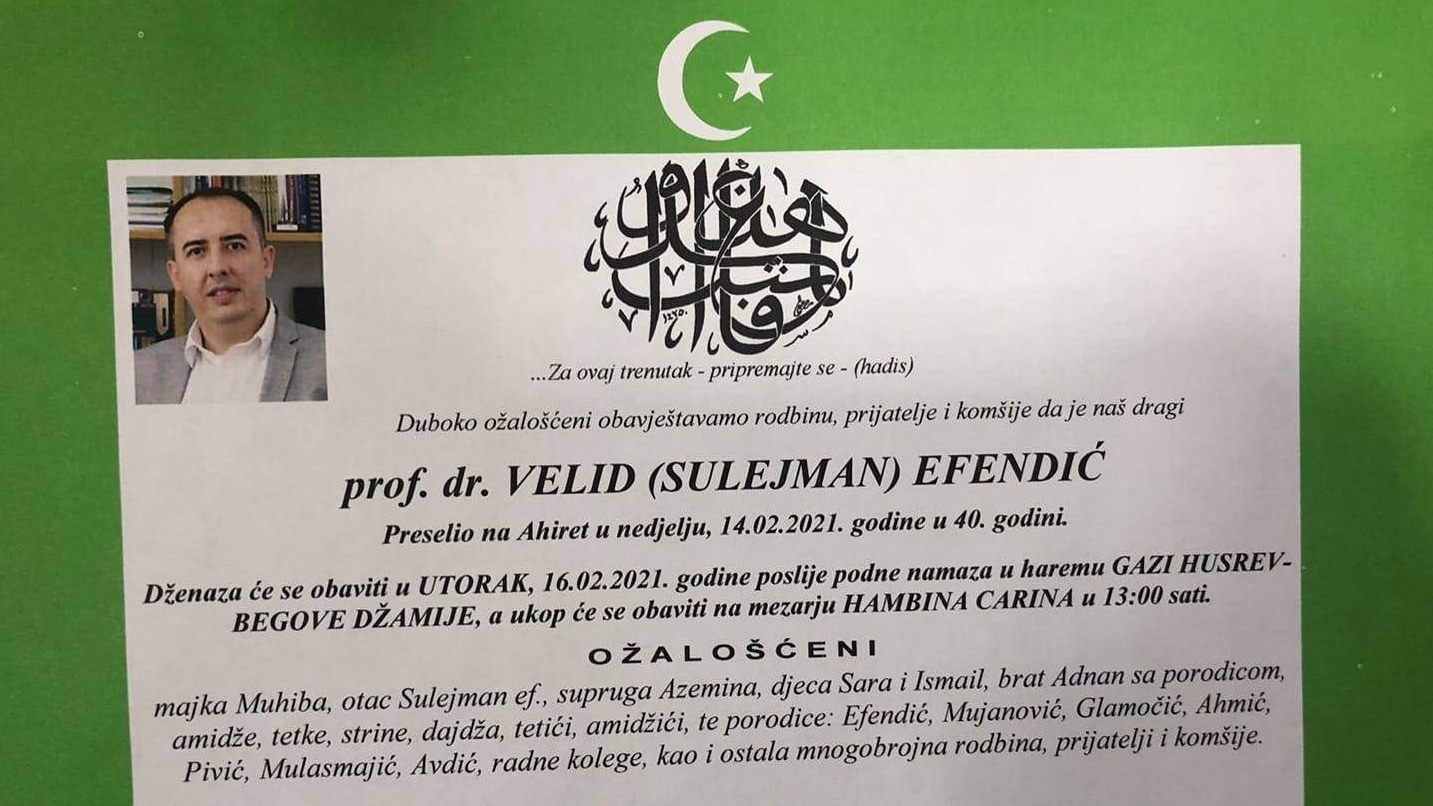 Sutra dženaza prof. dr. Velidu Efendiću u haremu Gazi Husrev-begove džamije