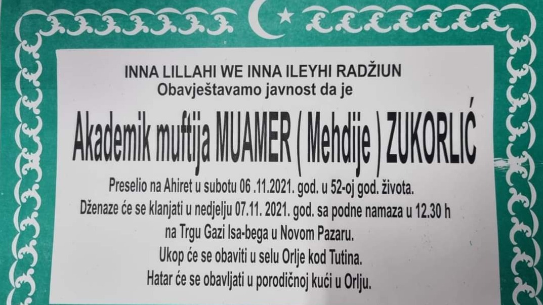 Dženaza Muamer-ef. Zukorliću klanjat će se na Trgu Gazi Isa-bega u Novom Pazaru