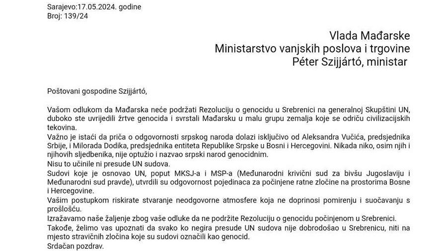 Udruženja žrtava pisali Szijjartu: Uvrijedili ste žrtve genocida, niste dobrodošli u Srebrenicu