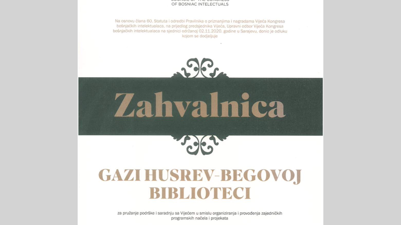 Priznanje za rad Gazi Husrev-Begovoj biblioteci