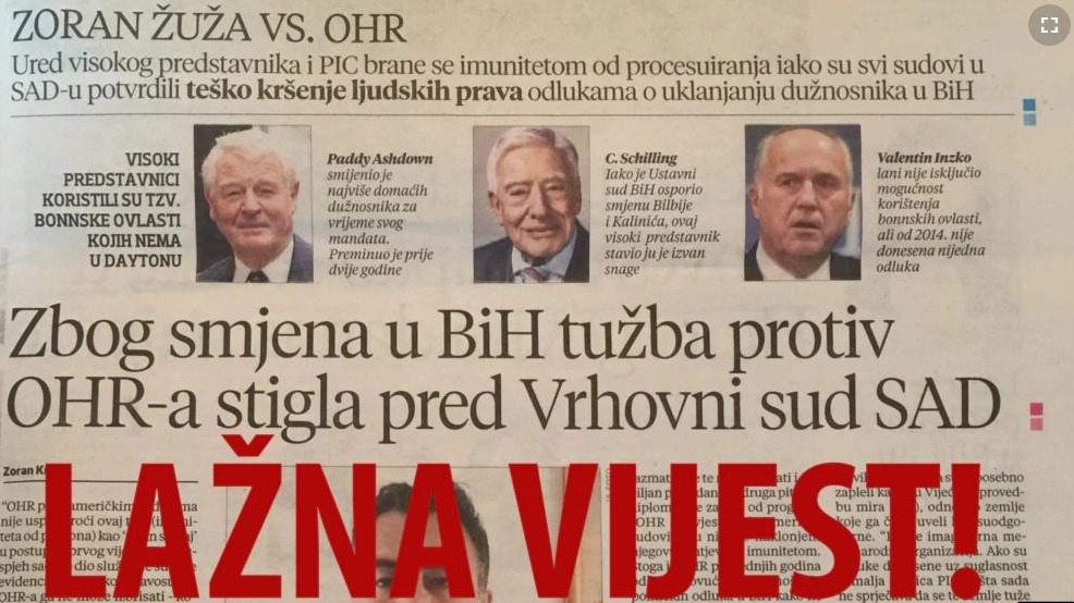 Razotkriveno kako je novinar Večernjeg lista koji plaću prima na BHRT-u plasirao lažnu vijest da je "tužba protiv OHR-a stigla pred Vrhovni sud SAD-a” 