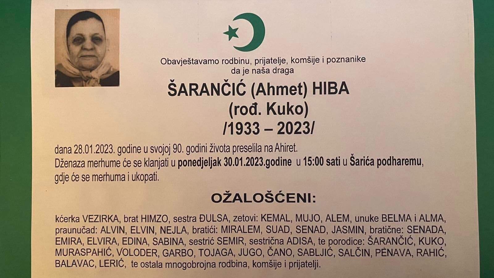 Mostar: Klanjana dženaza namaz Hibi Šarančić, majci trojice šehida 