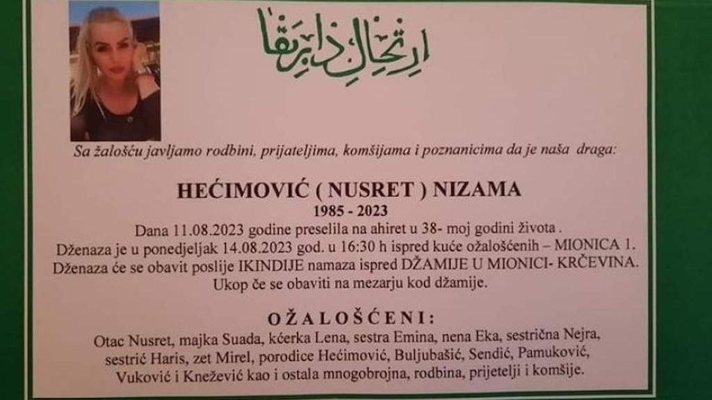 Dan žalosti u Tuzlanskom kantonu: Dženaza ubijenoj Nizami Hećimović bit će klanjana u ponedjeljak