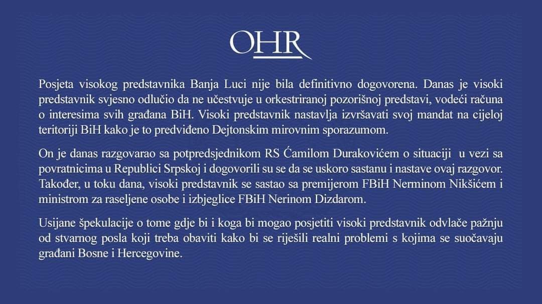 OHR - Schmidt odlučio da ne učestvuje u 'orkestriranoj pozorišnoj predstavi'