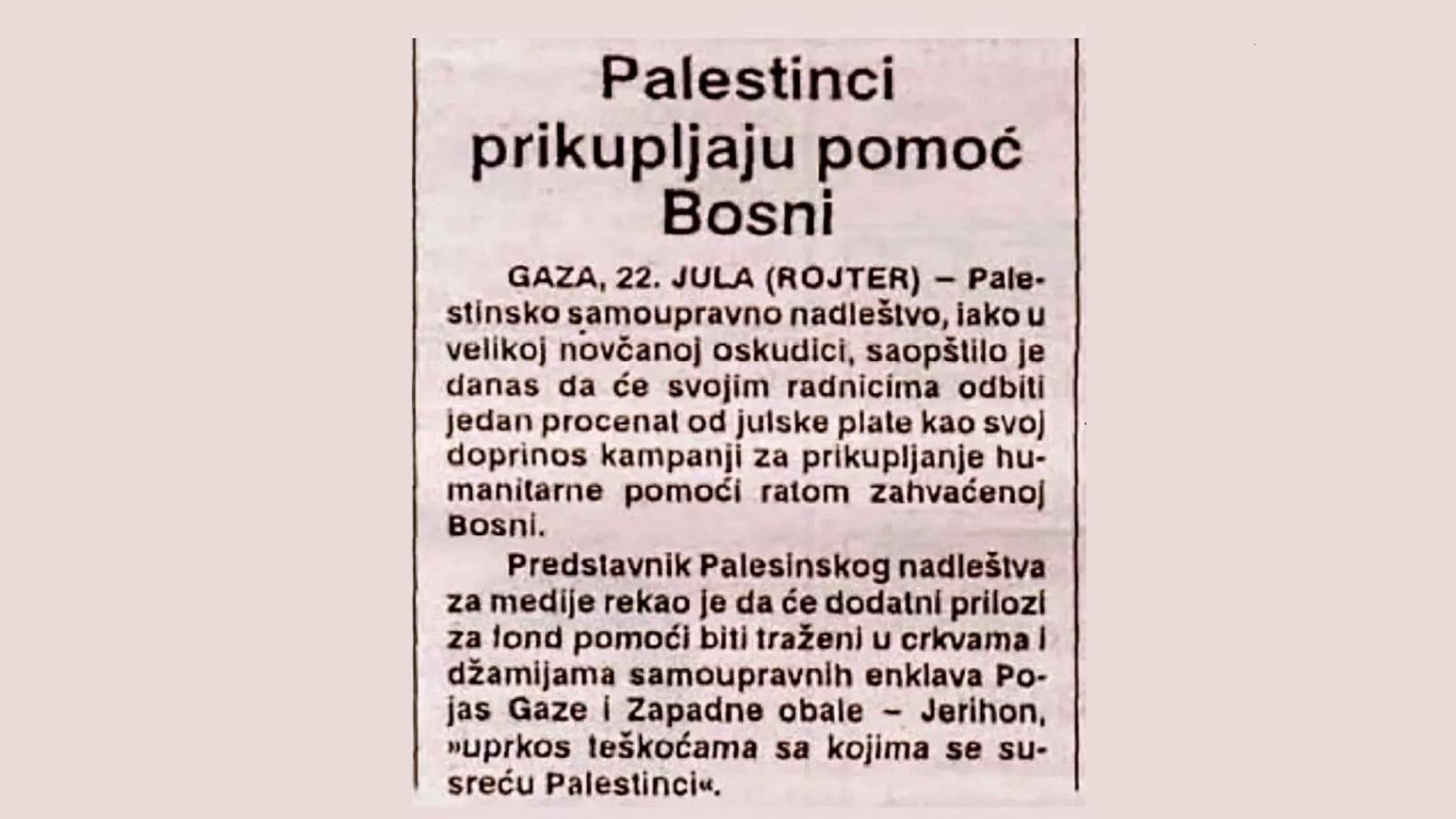 Tokom agresije Palestina skupljala pomoć za Bosnu i Hercegovinu