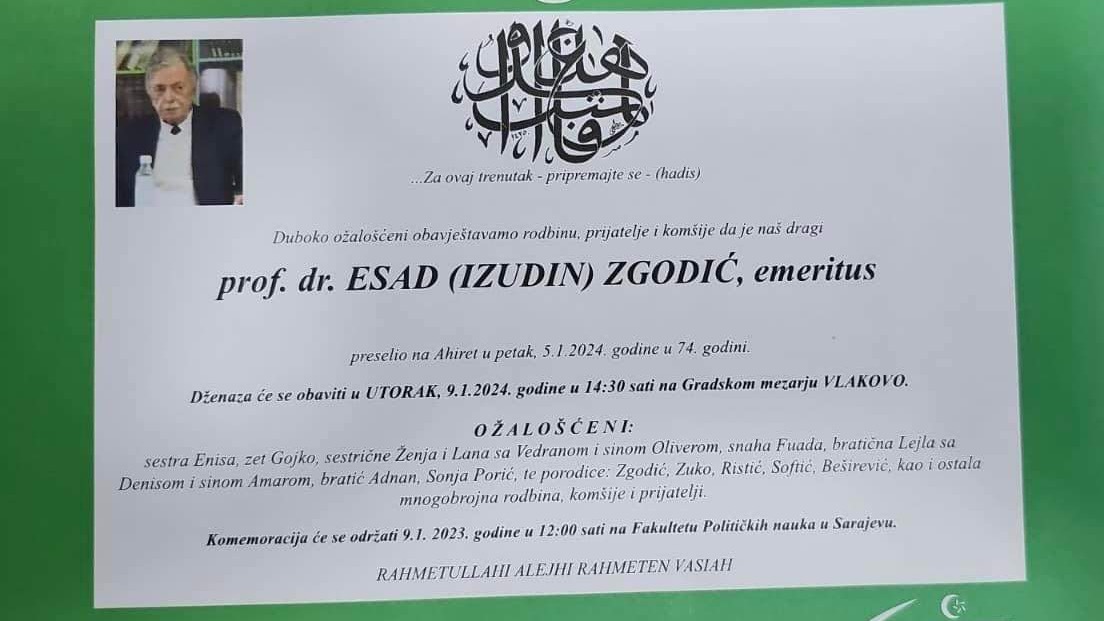 Sutra dženaza prof. dr. Esadu Zgodiću