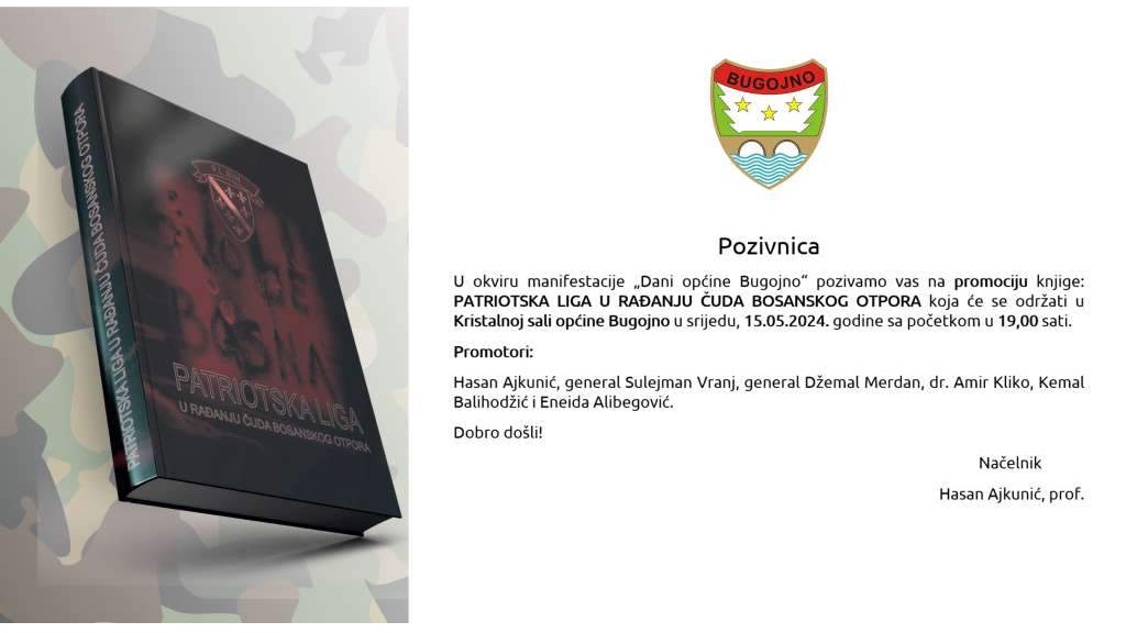 Promocija knjige 'Patriotska liga u rađanju čuda bosanskog otpora' u srijedu u Bugojnu