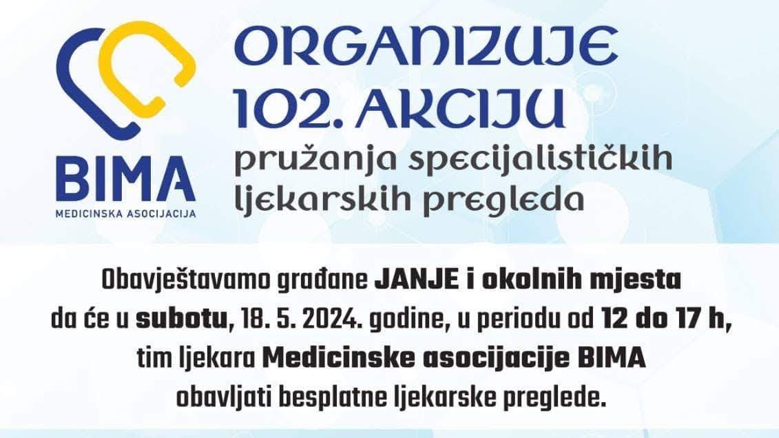 BIMA organizuje 102. akciju pružanja specijalističkih ljekarskih pregleda