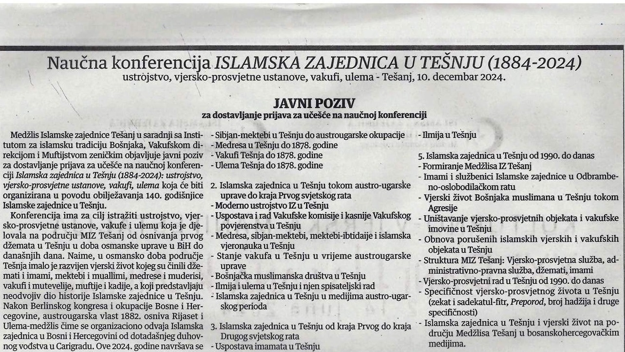 Javni poziv za dostavljanje prijava za učešće na naučnoj konferenciji “Islamska zajednica u Tešnju (1884-2024)”