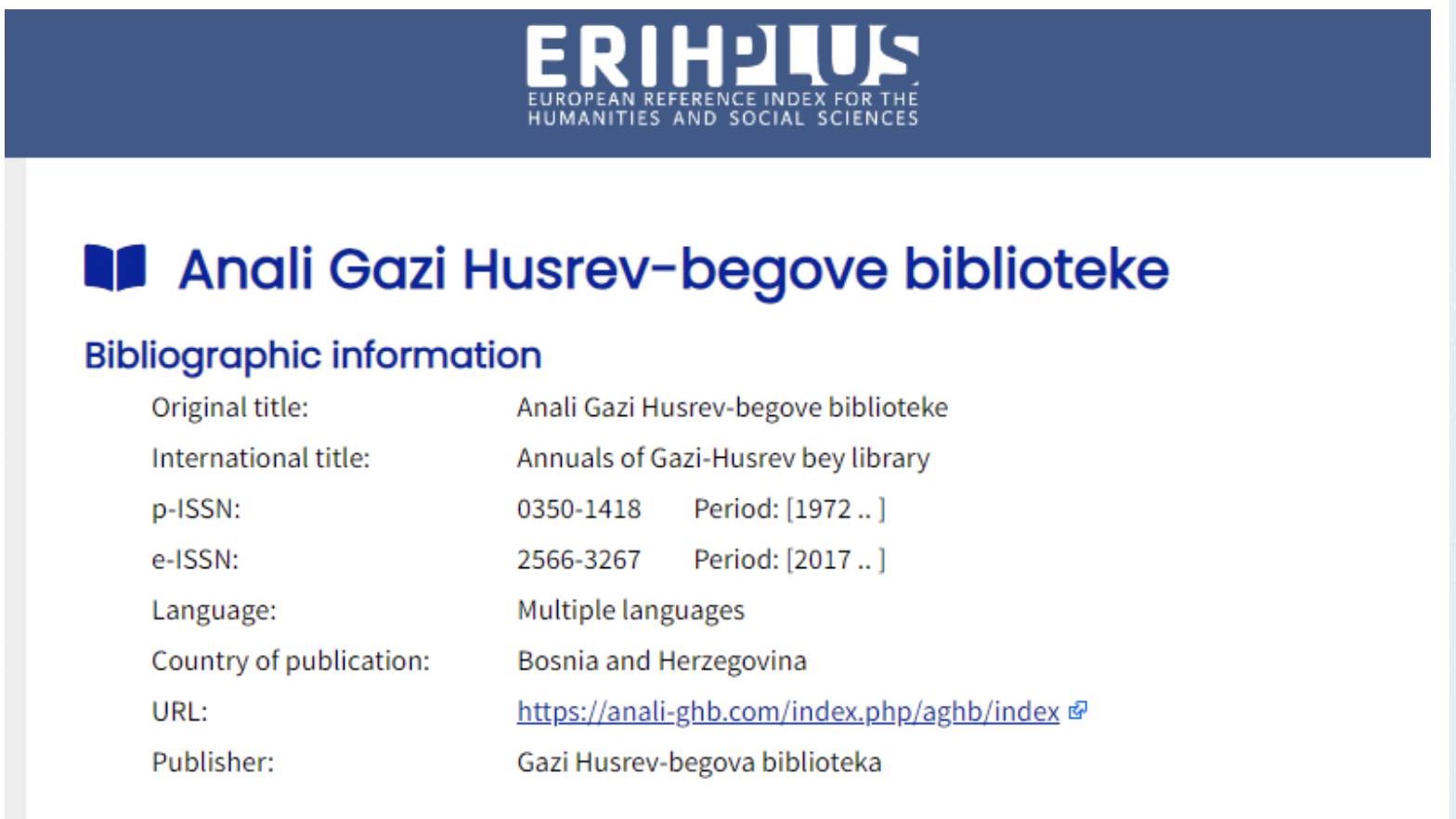 "Anali Gazi Husrev-begove biblioteke" indeksirani u ERIH PLUS bazi