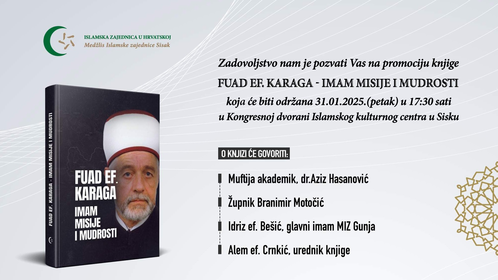 MIZ Sisak će 31. januara predstaviti knjigu "Fuad-ef. Karaga – Imam misije i mudrosti"