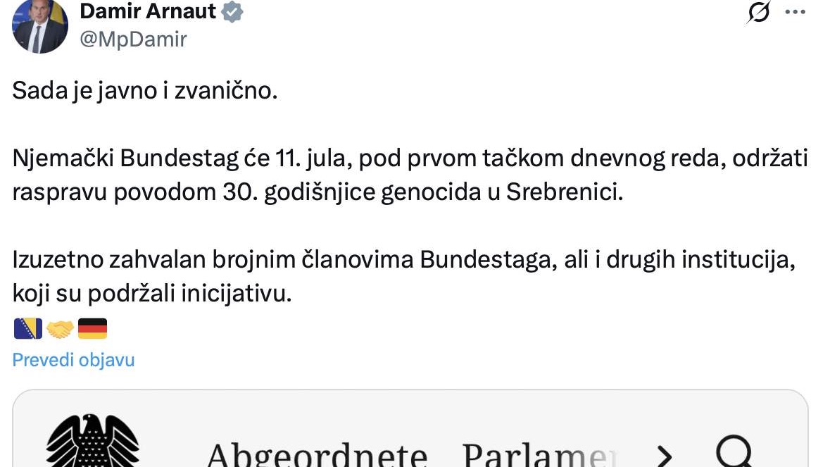 Njemački Bundestag 11. jula raspravlja o genocidu u Srebrenici povodom 30. godišnjice