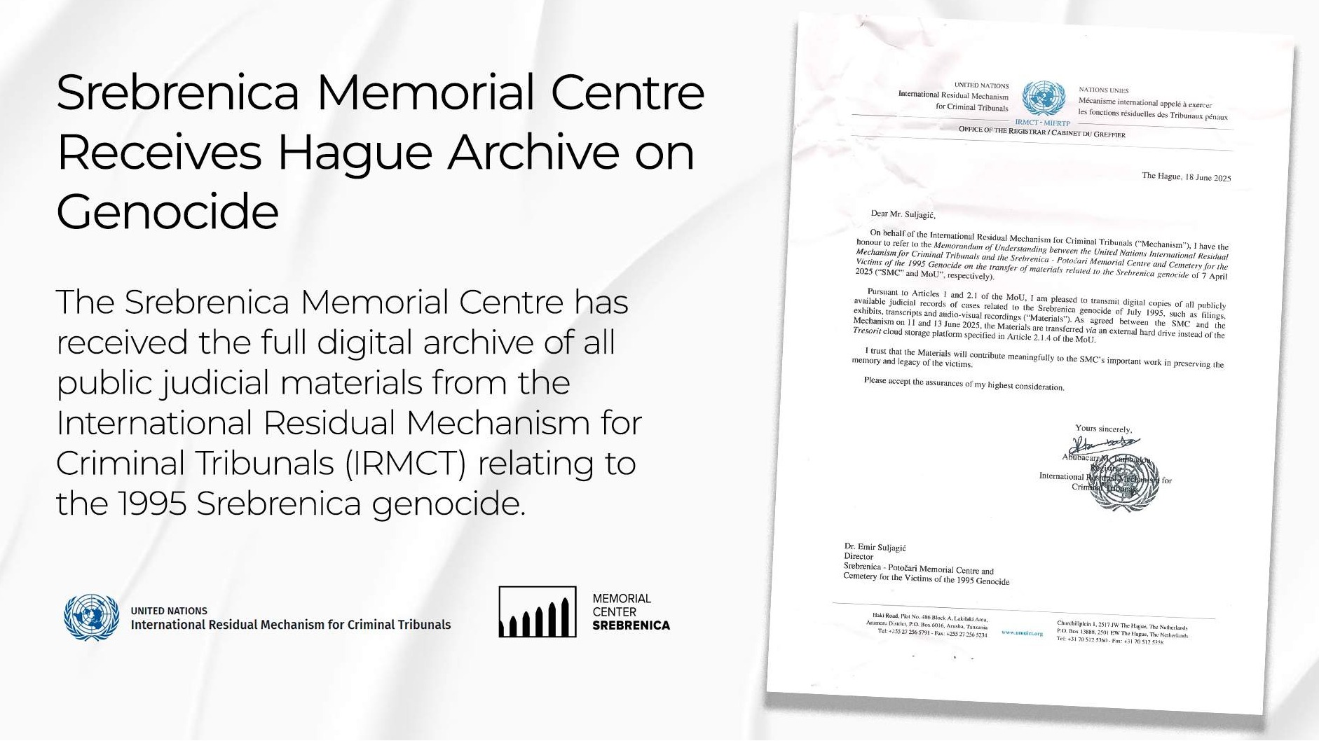 Memorijalni centar Srebrenica preuzeo haške arhivske dokumente: Srebrenica postaje središte naučnog istraživanja o genocidu