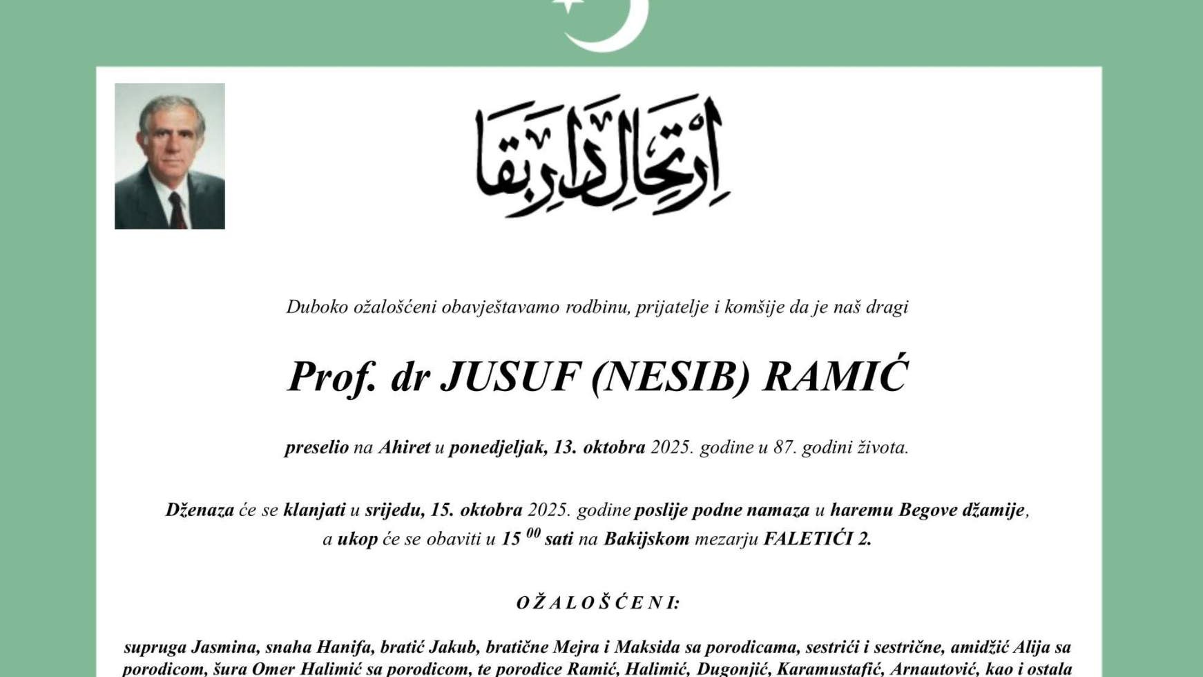 Dženaza-namaz rahmetli profesoru Jusufu Ramiću u srijedu nakon podne-namaza