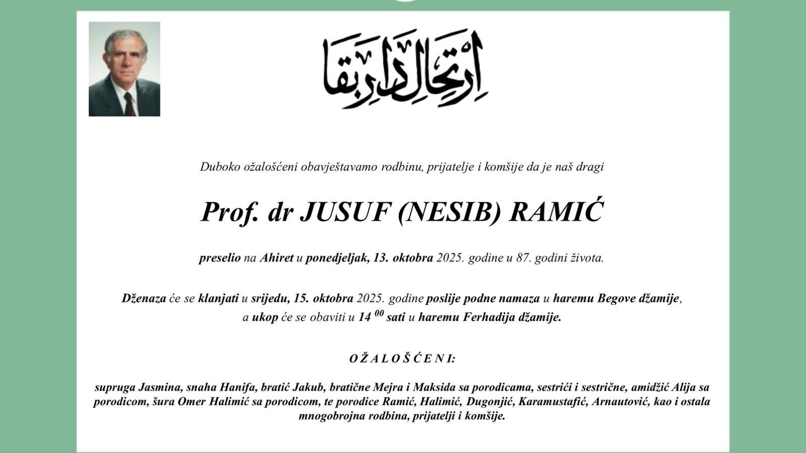 Dženaza profesoru Jusufu Ramiću sutra nakon podne-namaza u haremu Gazi Husrev-begove džamije, ukop u haremu Ferhadija džamije