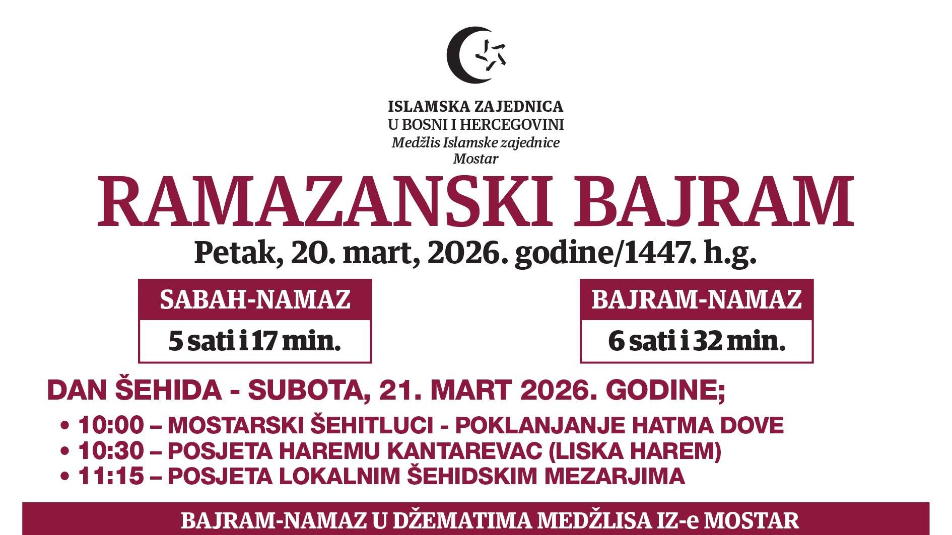 Mostar: Bajram-namaz u 47 džamija i mesdžida, centralna svečanost u Sinan-pašinoj džamiji