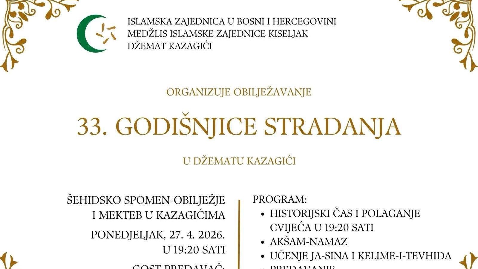 Obilježavanje 33. godišnjice stradanja u džematu Kazagići