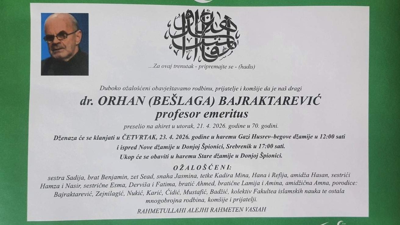 Dženaza profesoru Bajraktareviću u četvrtak, 23. aprila