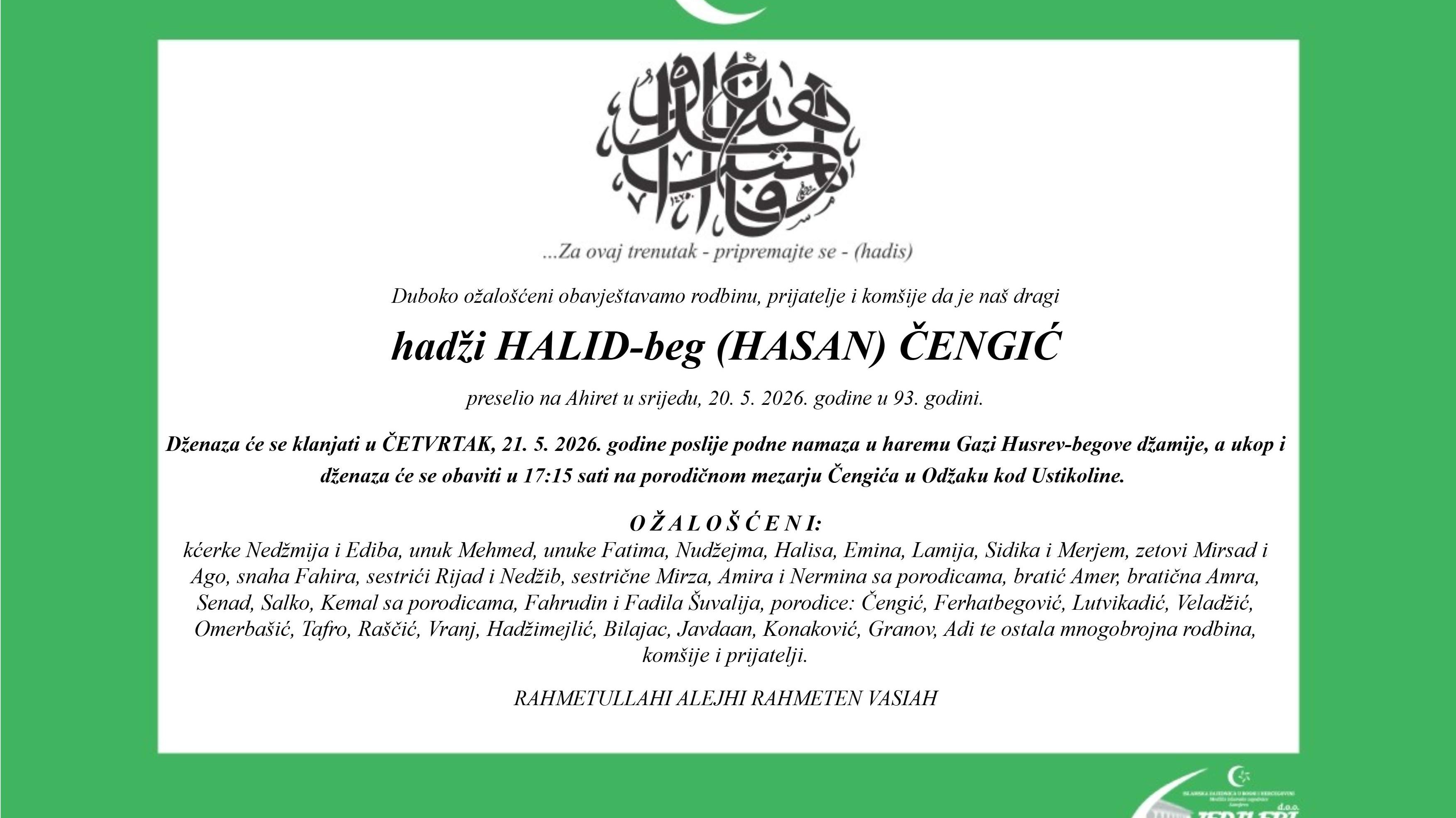 Na ahiret preselio Halid Čengić Hadžija, dženaza sutra u Sarajevu i Ustikolini
