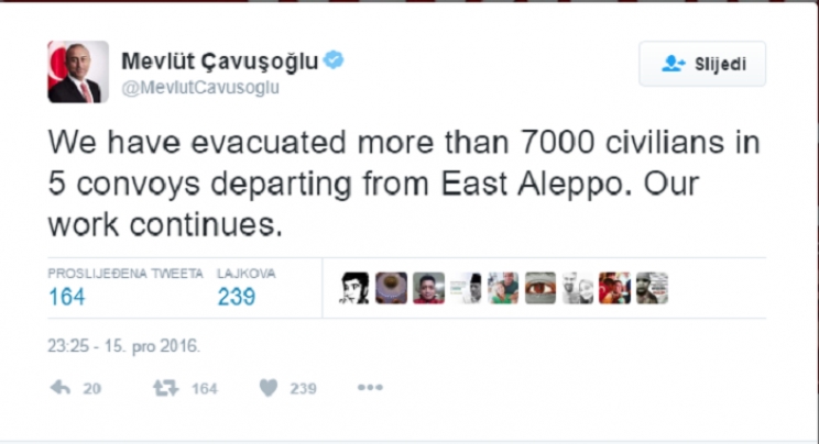 Cavusoglu: Iz Haleppa evakuirano više od 7.000 civila