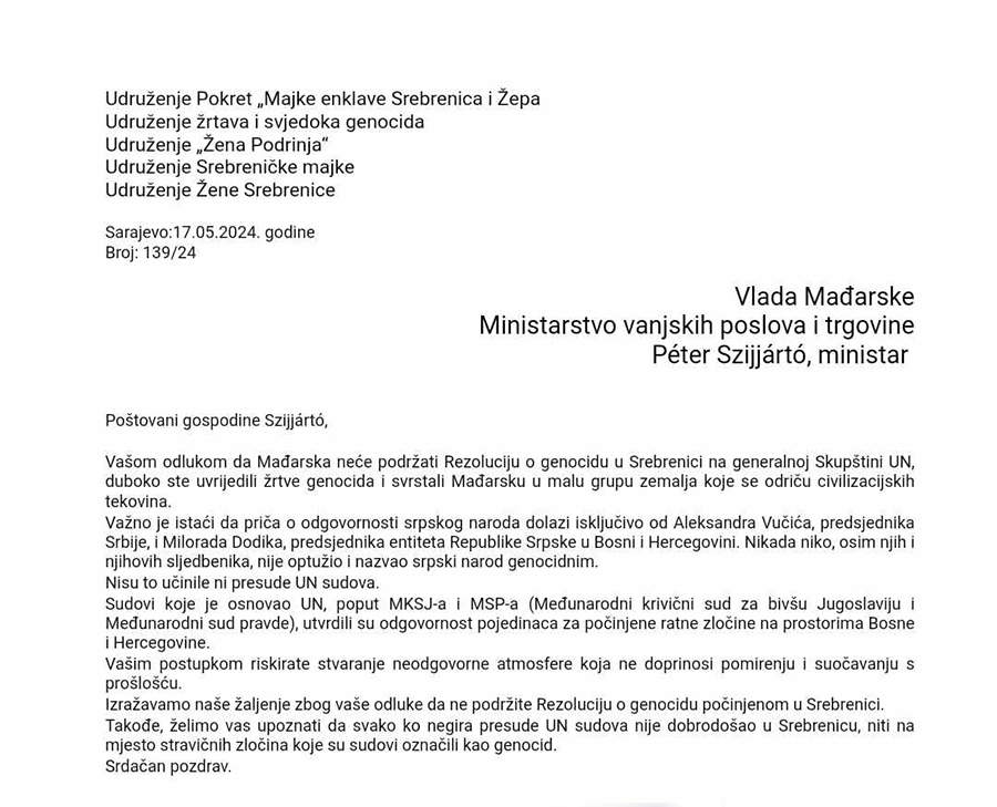 UDRUZENJA-ZRTAVA-PISALI-SZIJJARTU.jpg - Udruženja žrtava pisali Szijjartu: Uvrijedili ste žrtve genocida, niste dobrodošli u Srebrenicu