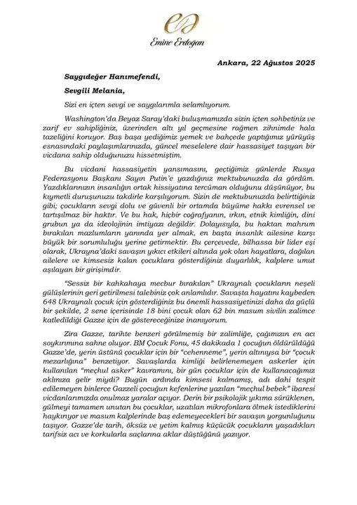 1.webp - Prva dama Turske Emine Erdoğan pisala prvoj dami SAD Melaniji Trump: Djeca moraju biti zaštićena