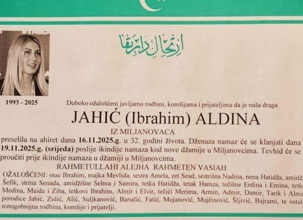 Smrtovnica.jpg - U Miljanovcima danas dženaza Aldini Jahić, Dan žalosti u općini Kalesija