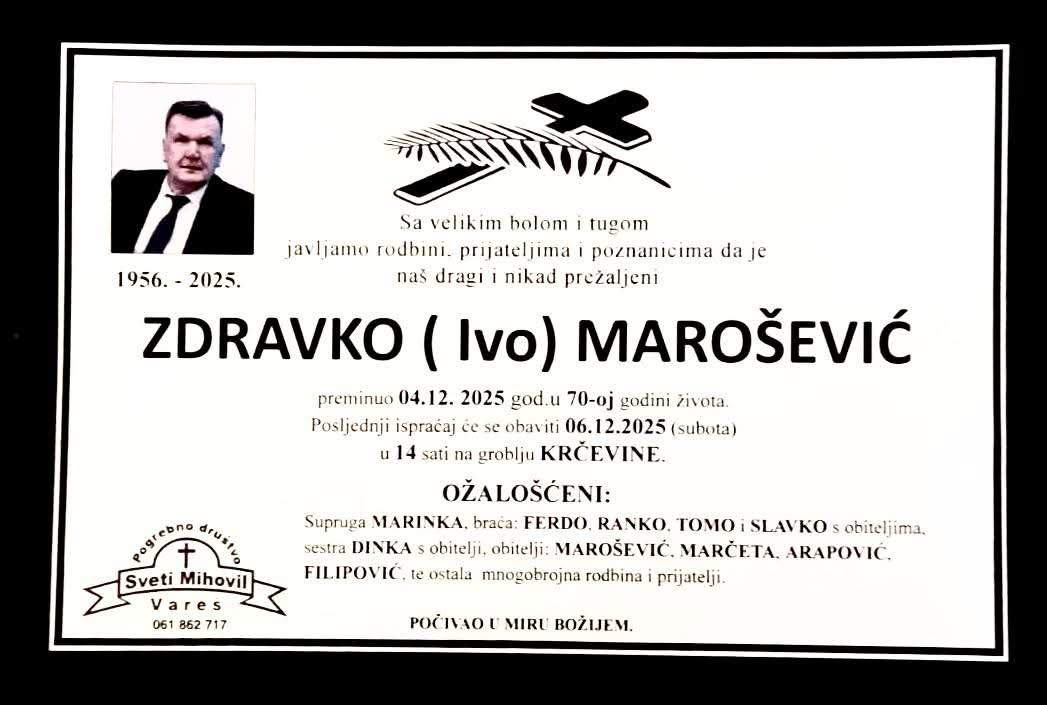 Osmrtnica Marošević.jpeg - Savez logoraša BiH: Zdravko Marošević ostaje primjer istinoljublja i građanske hrabrosti