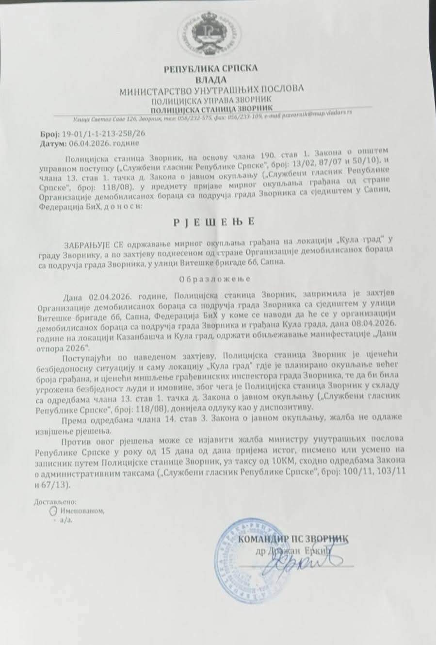 zvornik-dani-otpora-1.jpg - Policija zabranila okupljanje na Zvorničkoj tvrđavi: Program Dana otpora premje&scaron;ten na Mejta&scaron;