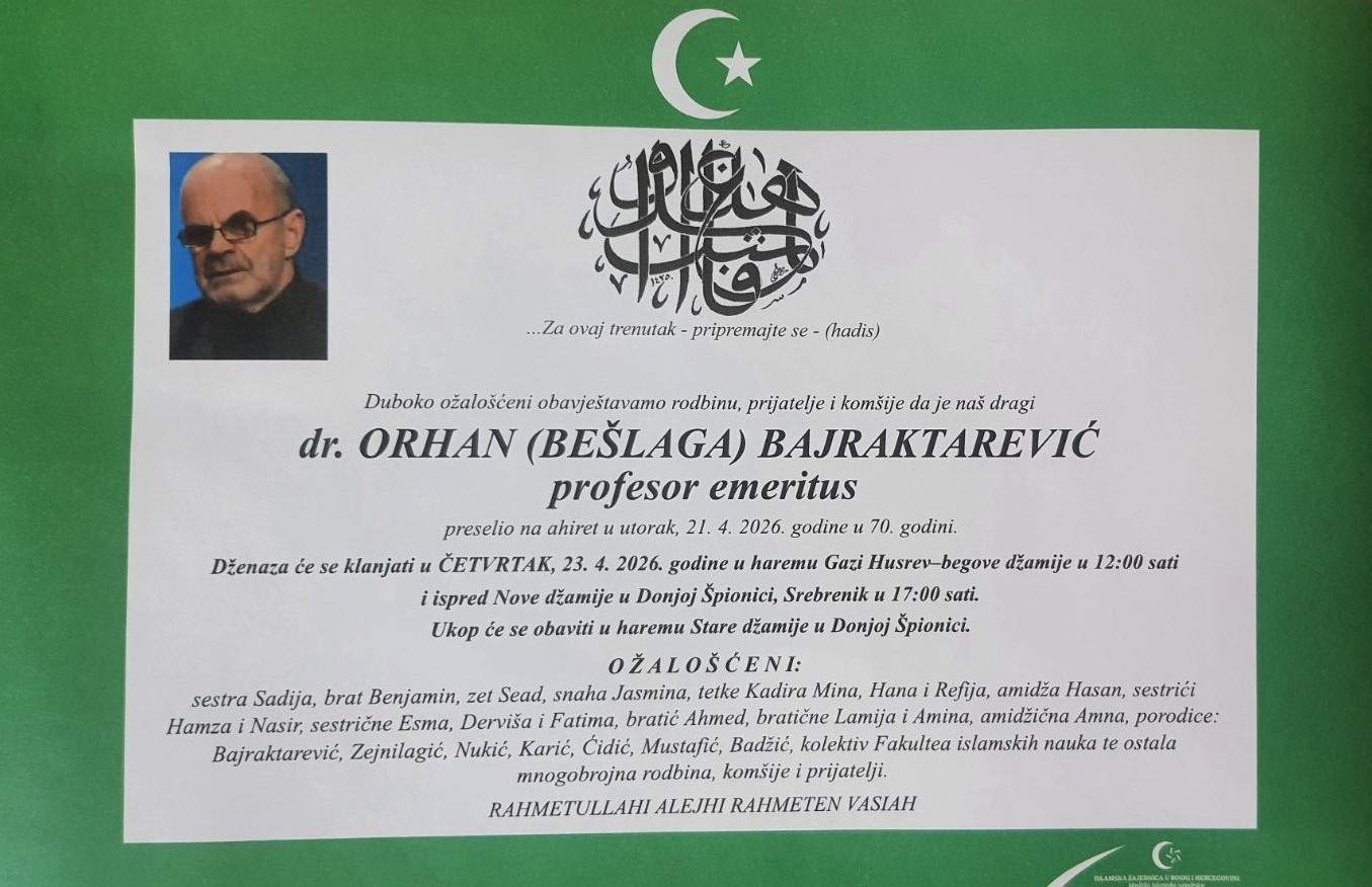 Smrtovnica.jpg - Dženaza profesoru Bajraktareviću u četvrtak, 23. aprila
