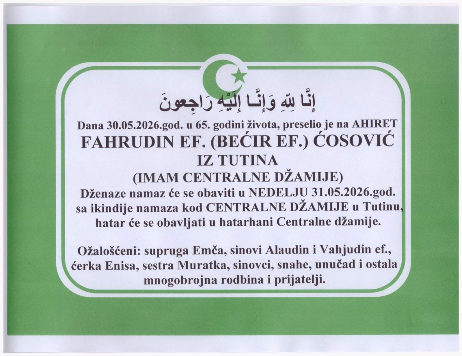 Osmrtnica.jpeg - Danas dženaza Fahrudin-ef. Ćosoviću, dugogodi&scaron;njem imamu Centralne džamije u Tutinu