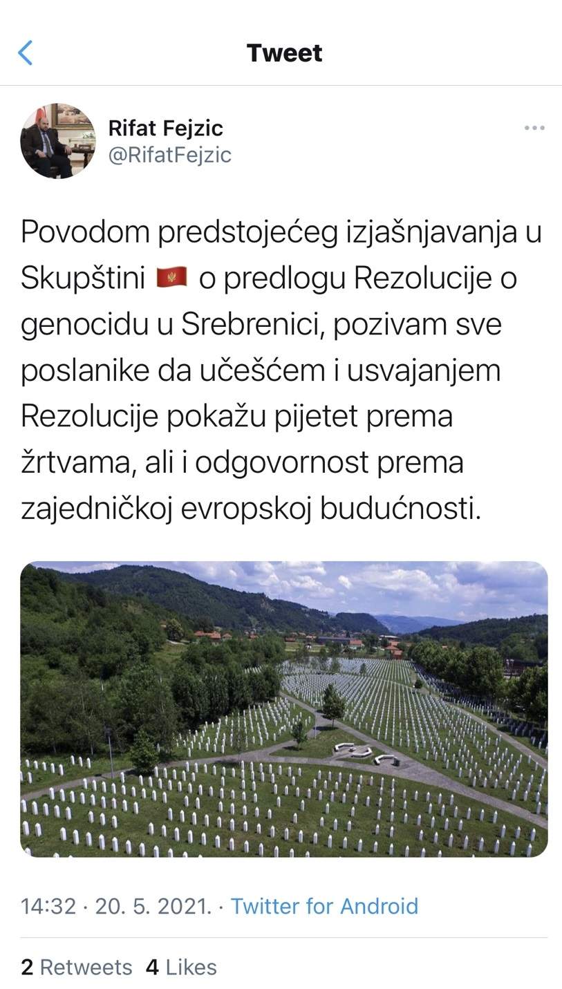 Tweet.jpg - Reis Rifat ef. Fejzić pozvao poslanike u Skupštini Crne Gore da usvoje Rezoluciju o genocidu u Srebrenici