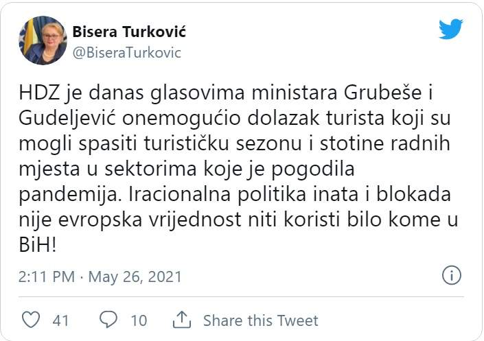 Bisera.jpg - Ministrica Turković nakon neusvajanja odluke o ukidanju vize državljanima Saudijske Arabije: Blokada nije evropska vrijednost