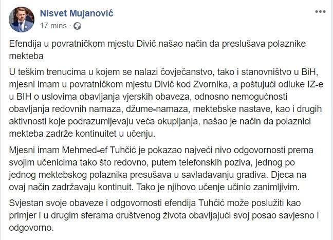 Nisvet FB.jpg - Nisvet ef. Mujanović: Telefonski preslušava djecu iz mekteba