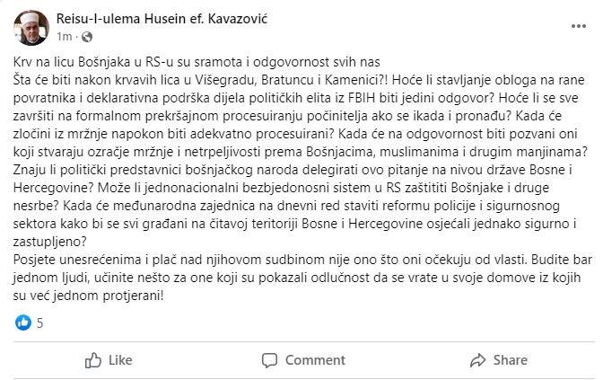 Reisul-ulema.jpg - Reisul-ulema: Krv na licu Bošnjaka u RS-u su sramota i odgovornost svih nas