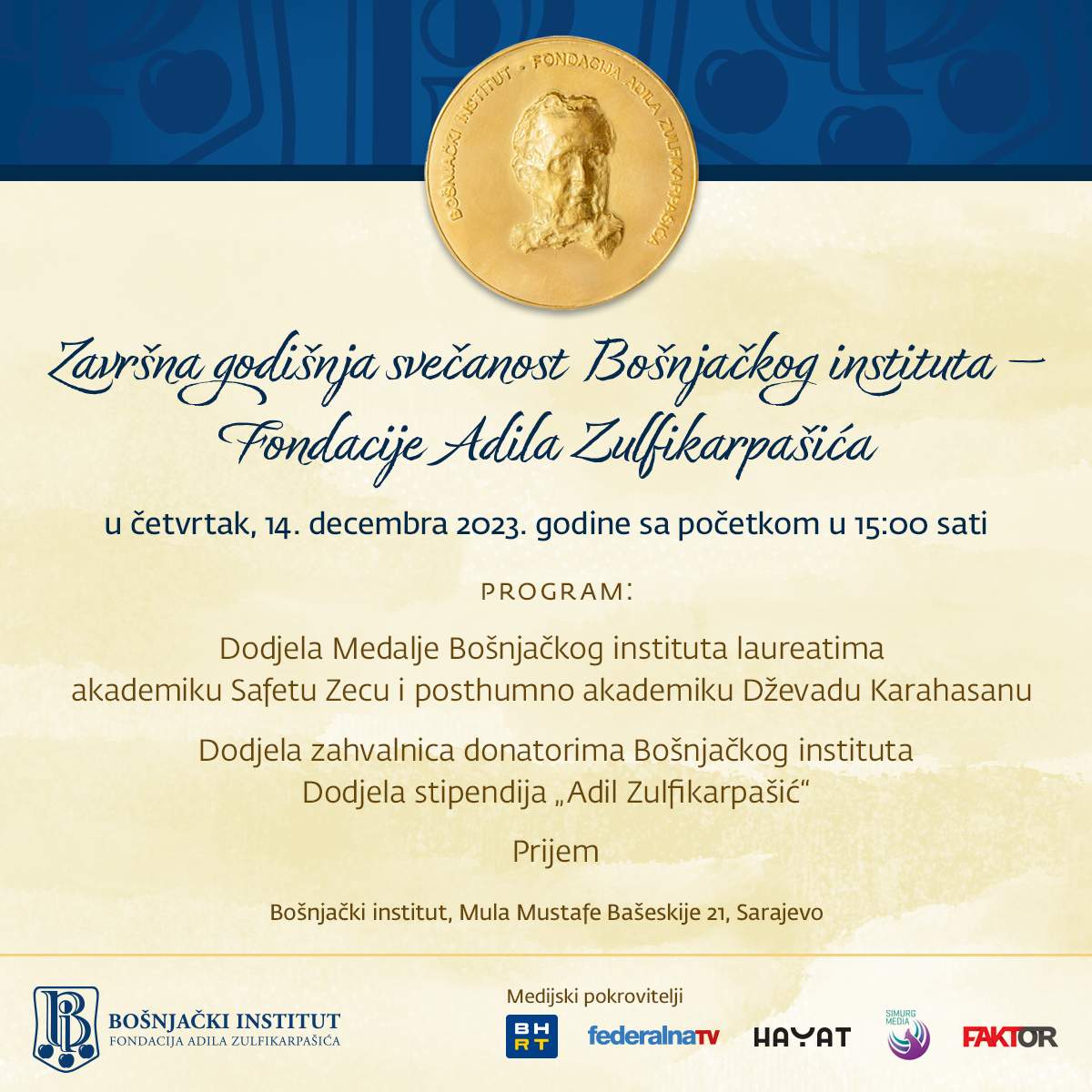 Plakat-objava-1200x1200-1-1.jpg - Bošnjački institut dodjeljuje Medalju akademiku Safetu Zecu i posthumno akademiku Dževadu Karahasanu